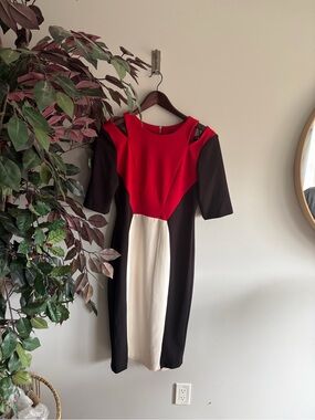 Gabby Skye Red, Black & Cream Colorblock Midi Sheath Dress